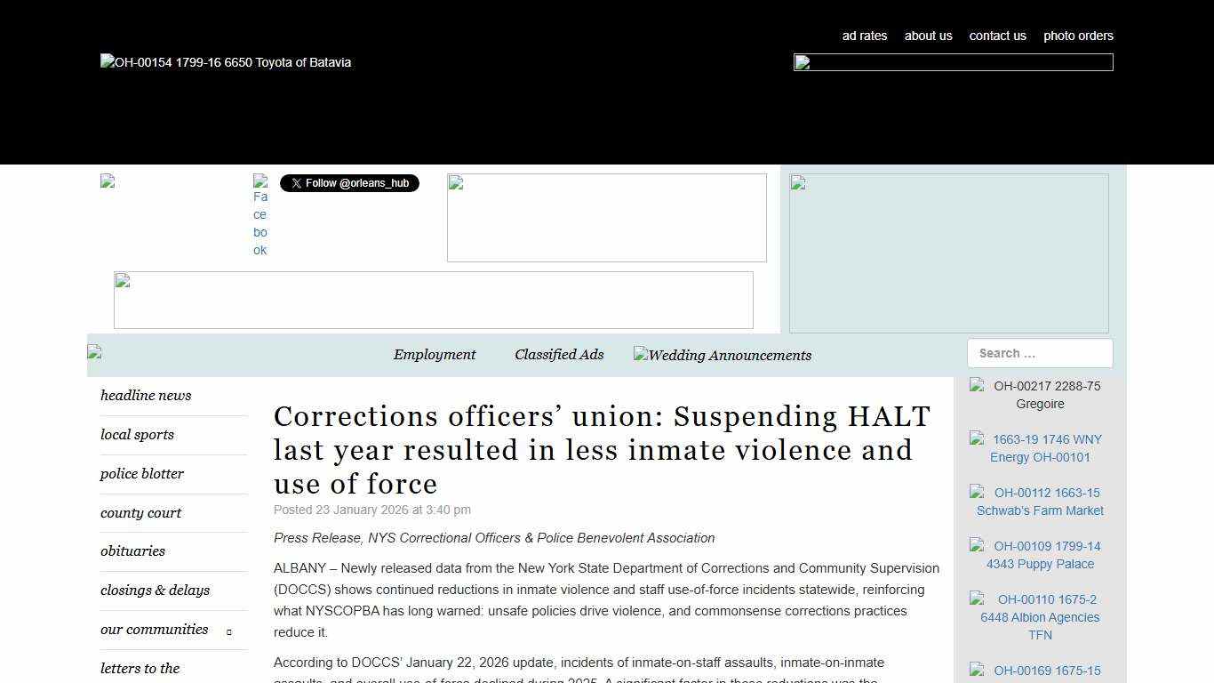 Corrections officers’ union: Suspending HALT last year resulted in less inmate violence and use of force Orleans Hub